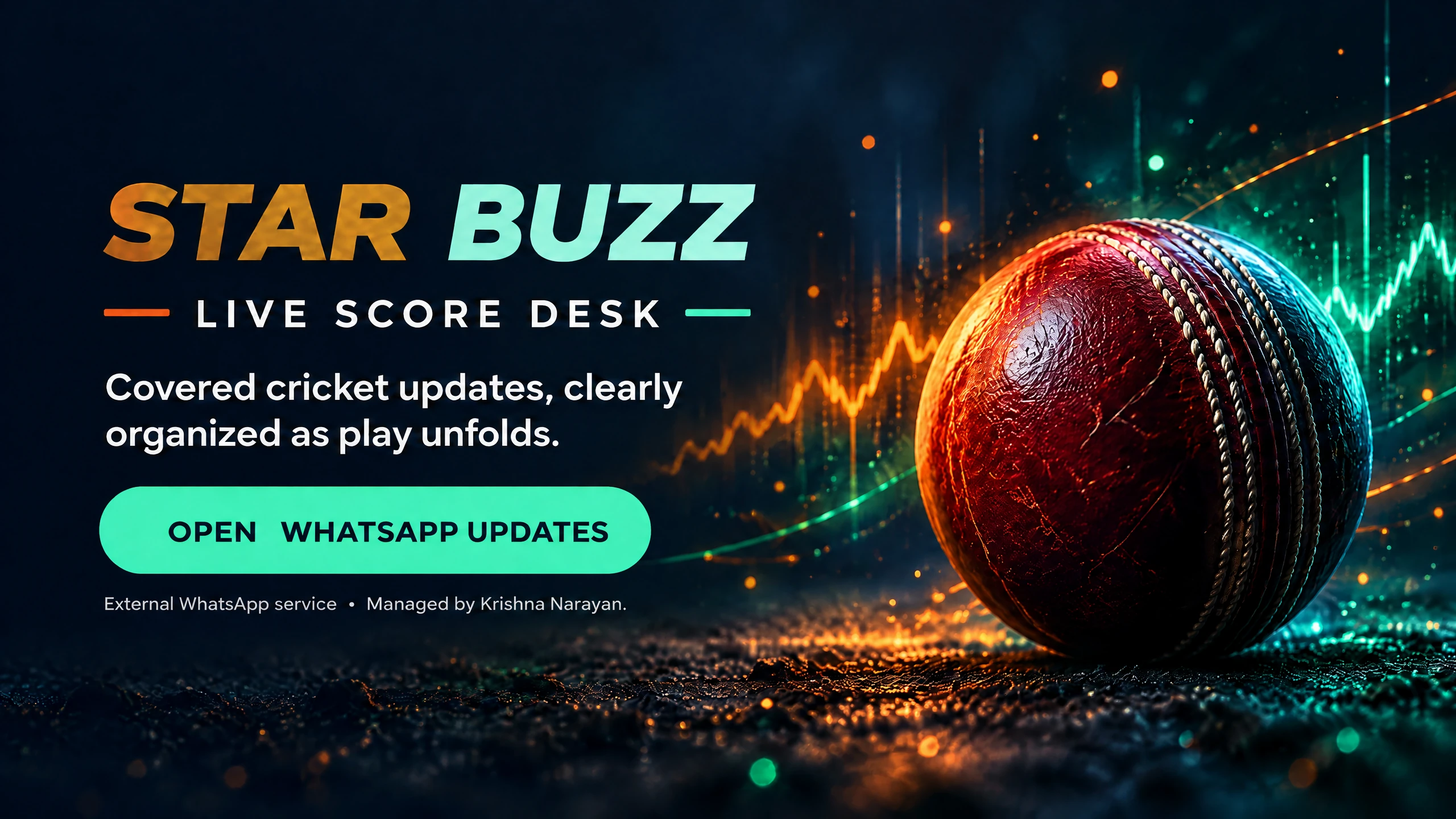 Star Buzz live score desk artwork with a cricket ball and abstract signal pulse